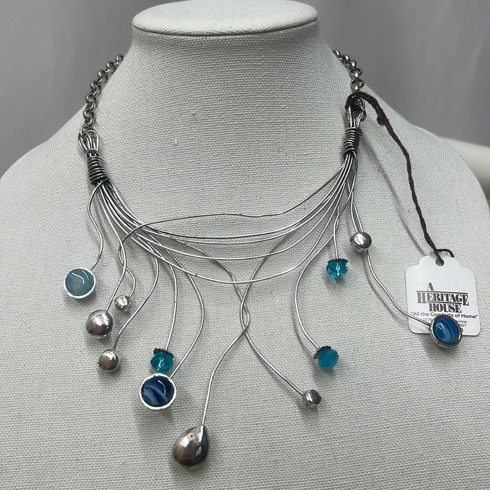 Modern art necklace shades of blue and silver